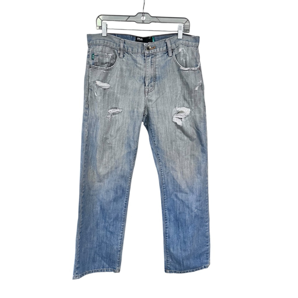 Oakley Distressed Denim Blue Jeans Classic Fit Men's Size 34x32 Zip Fly Casual